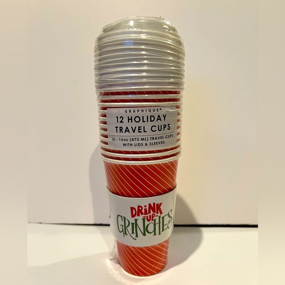 Cute “Drink Up Grinches” Holiday Travel Cups with Lids & Sleeves- Set of 12- NWT - Picture 1 of 2
